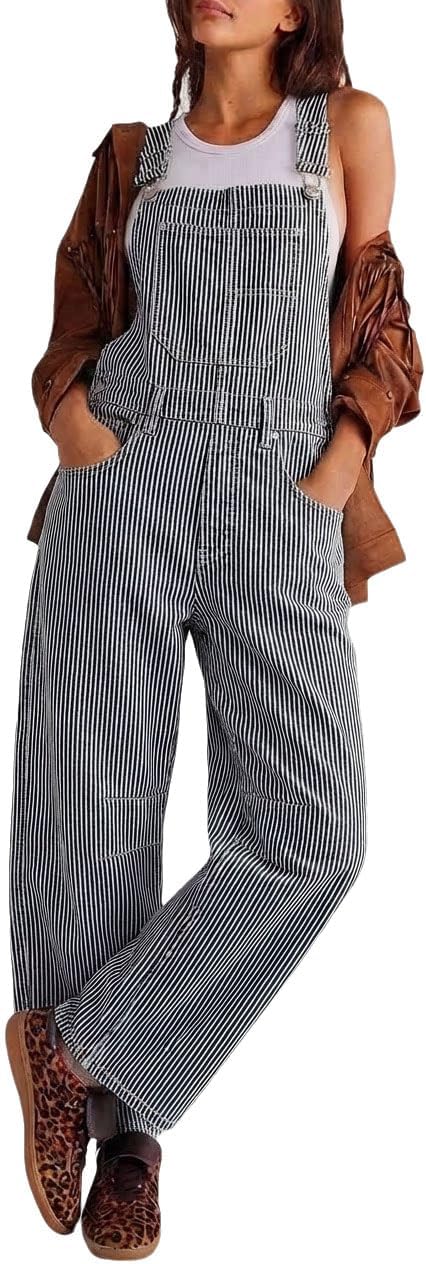 utcoco Women's Boyfriend Pinstripe Barrel Denim Overalls Baggy Striped Hip Hop Jean Jumpsuits