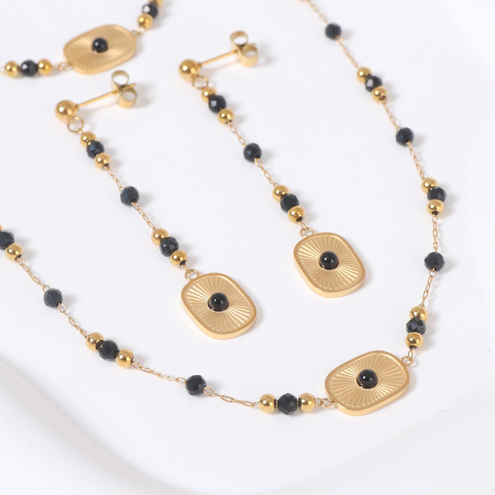 Juego de joyas de cuentas de piedra natural para mujer, juego de collar y aretes de bola redonda de acero inoxidable, regalo de Navidad para madre y esposa