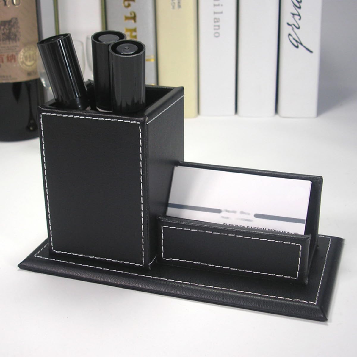 Portalápices de Cuero Sintético Negro Multifuncional Organizador de Escritorio y Soporte para Tarjetas de Negocios Expositor Compacto para Oficina y Materiales de Papelería