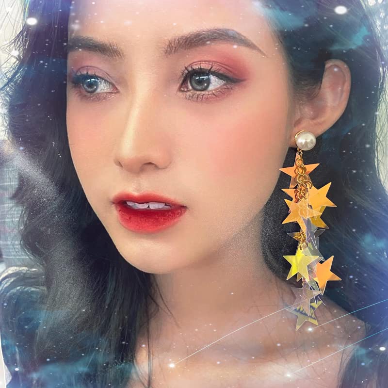 Silver Star Dangle Earrings - Iridescent Rhinestone Stars, Big Sparkle, Women's Dangling Star Jewelry3