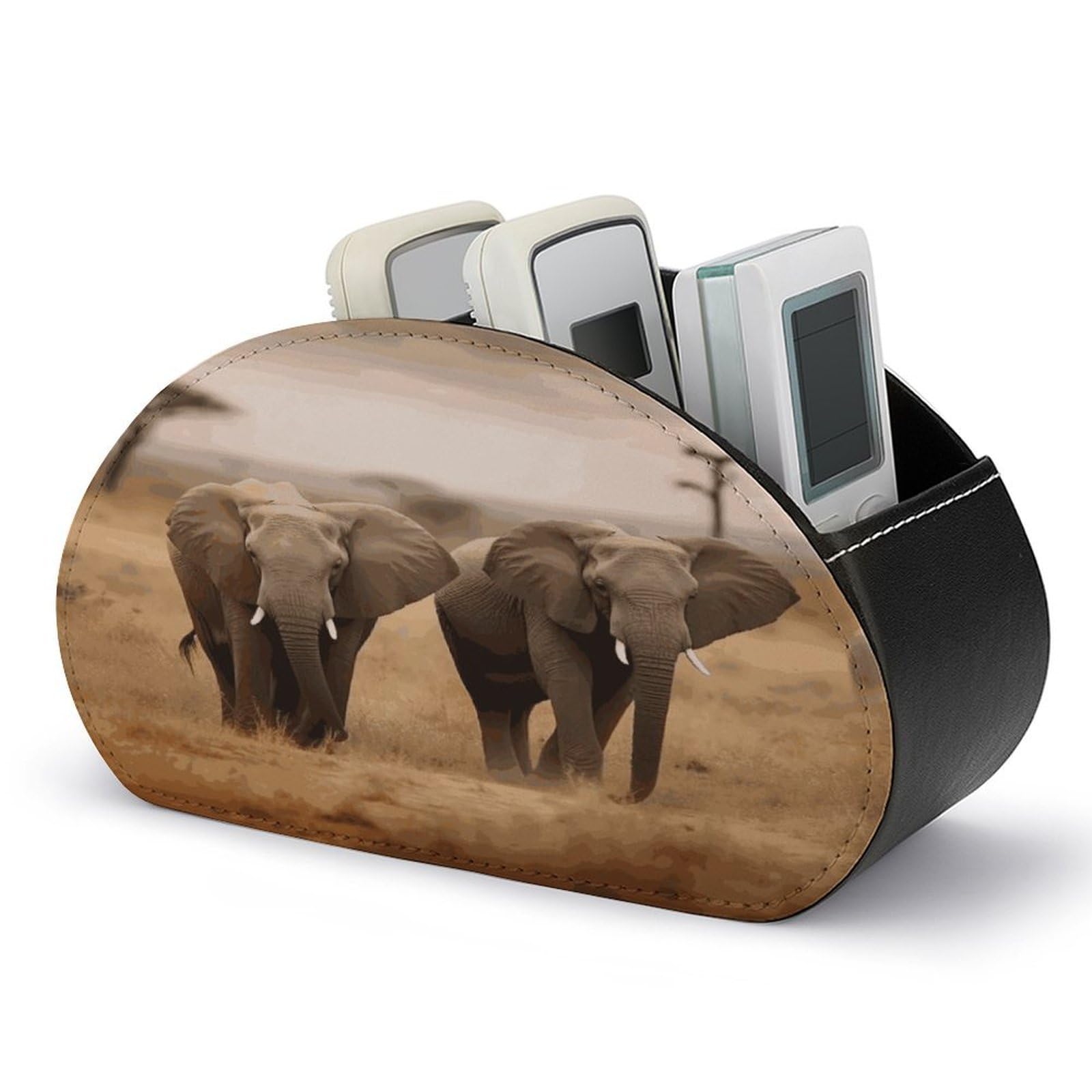 FekiLoot Wild Animals Elephants Remote Control Holder, PU Leather Remote Control Organizer Box Stationery Remote Control Box Desk Storage Organizer for DVDs,Glasses,Pens,Media Players