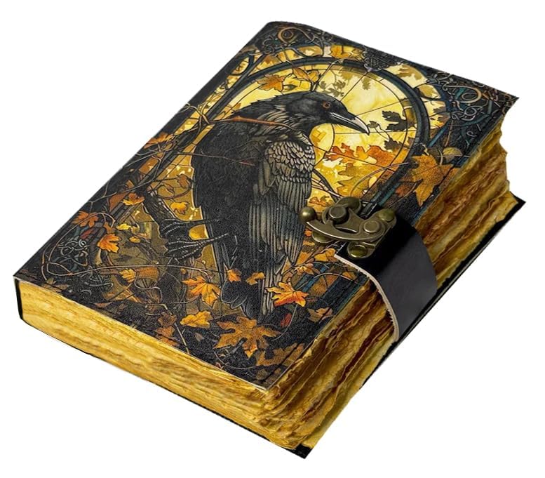 Saify Handicrafts Leather Gothic Journal Magical The Raven Spiral Notebook Mystery Crow Grimoire Witchcraft Spellwork Journal Great for Halloween and Raven Lovers Aesthetic (7x5 Inches)