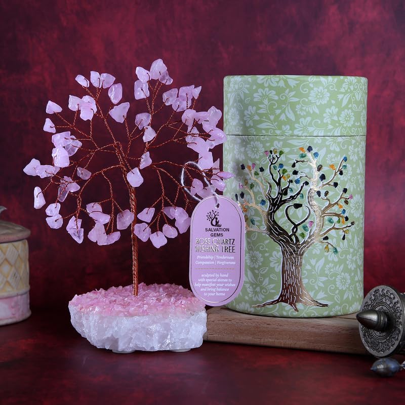 SALVATION GEMS Rose Quartz Gemstone Crystal Tree, 9X9X15 CM | Wealth & Luck, Feng Shui Money, Love Wish Tree | Home, Office Décor, Vastu Gifts