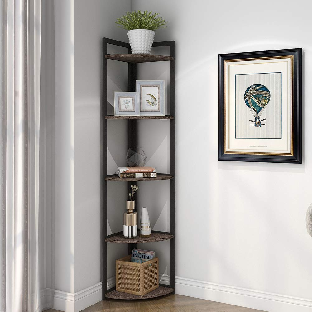 SUPERJARE Corner Shelf, Industrial 5 Tier Wood Wall Corner Bookshelf