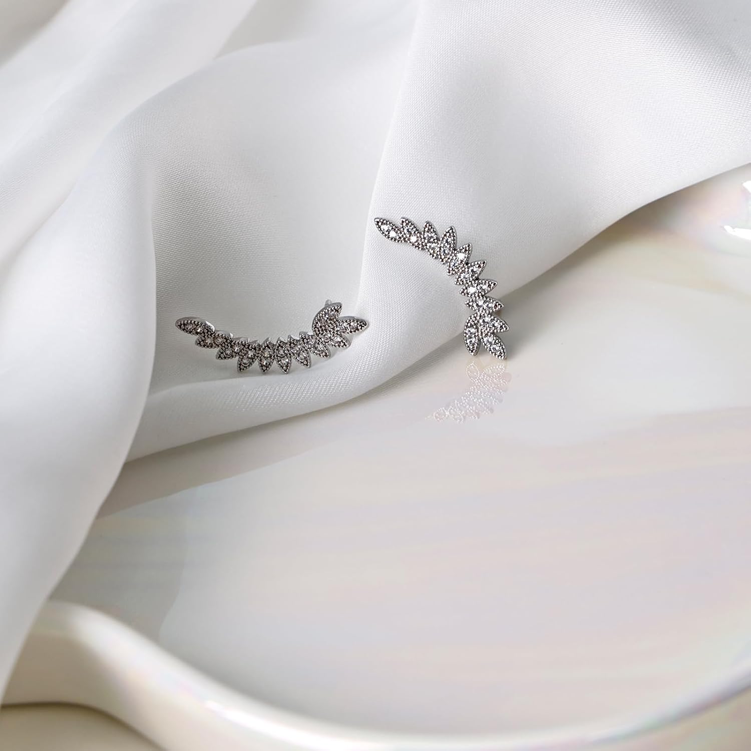 Silver Leaf Cubic Zirconia Earrings Studs for Women, Hypoallergenic Jewelry for Women with Sterling Silver Post - Image 6
