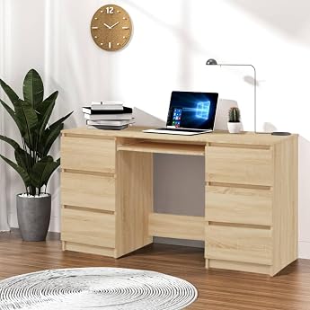 Myheimly Desk with 6 Drawers Computer Table Office Table Laptop Table Office Furniture PC Table Work Table 140 x 50 x 77 cm Wood Composite Desk Sonoma Oak