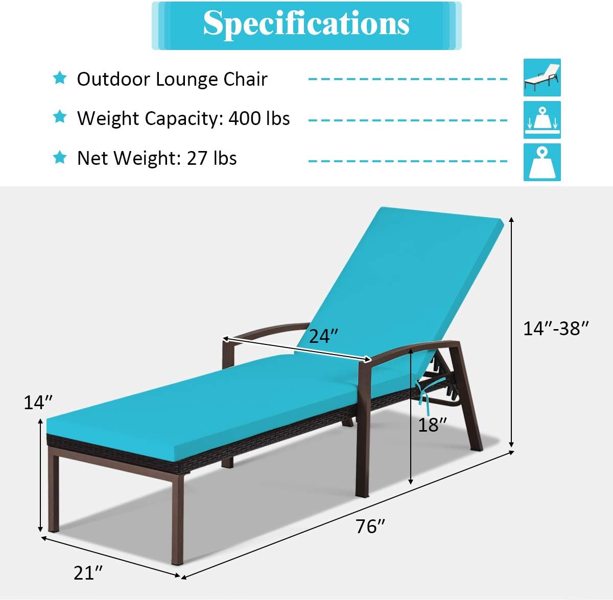 Tangkula Patio Rattan Lounge Chair, Outdoor Reclining Chaise with Cushion and Armrest, Wicker Sun Lounger with Adjustable Backrest for Garden, Balcony, Poolside (1, Turquoise)