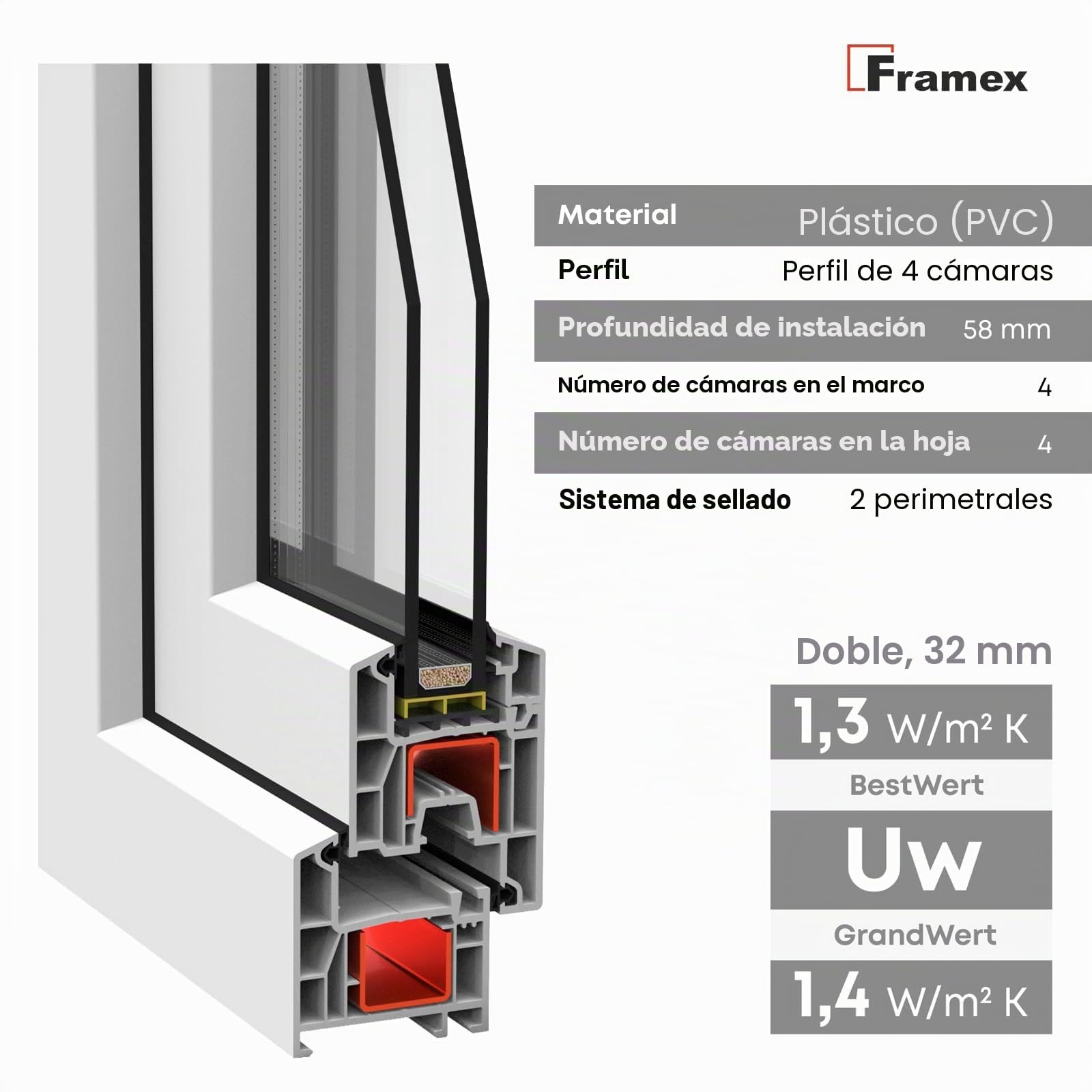 Ventana Para Sótano, Blanca, 80 x 80 cm (800 x 800 mm) de Ancho x Alto, Doble Acristalamiento, Cristal Transparente (32 mm), Oscilobatiente, Izquierda, perfil de 4 cámaras de 58 mm