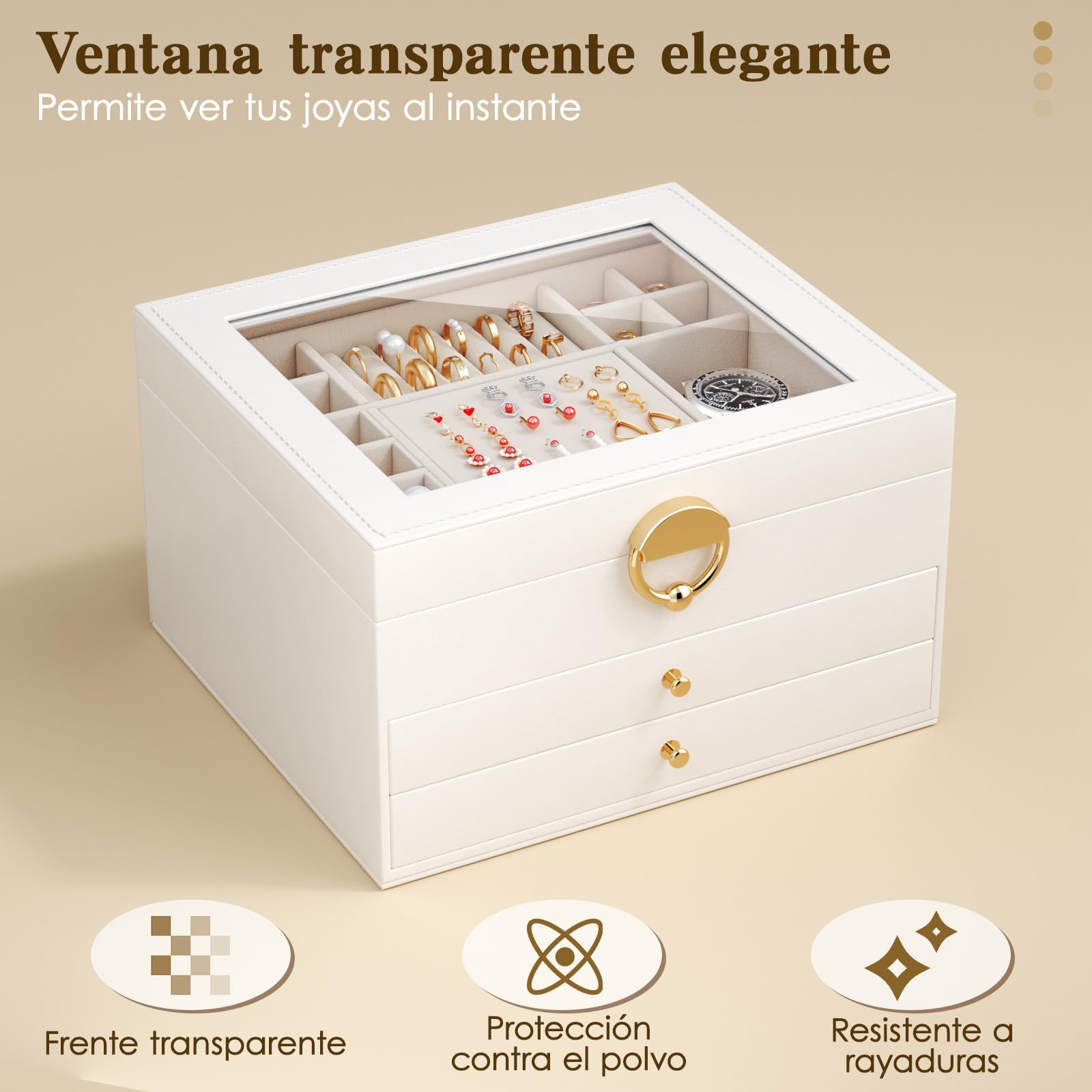 Caja Grande para Joyas 3 Niveles – Organizador Elegante para Anillos, Collares y Pendientes – 24 Compartimentos, Tapa Transparente –para Mujer(Blanco mate)
