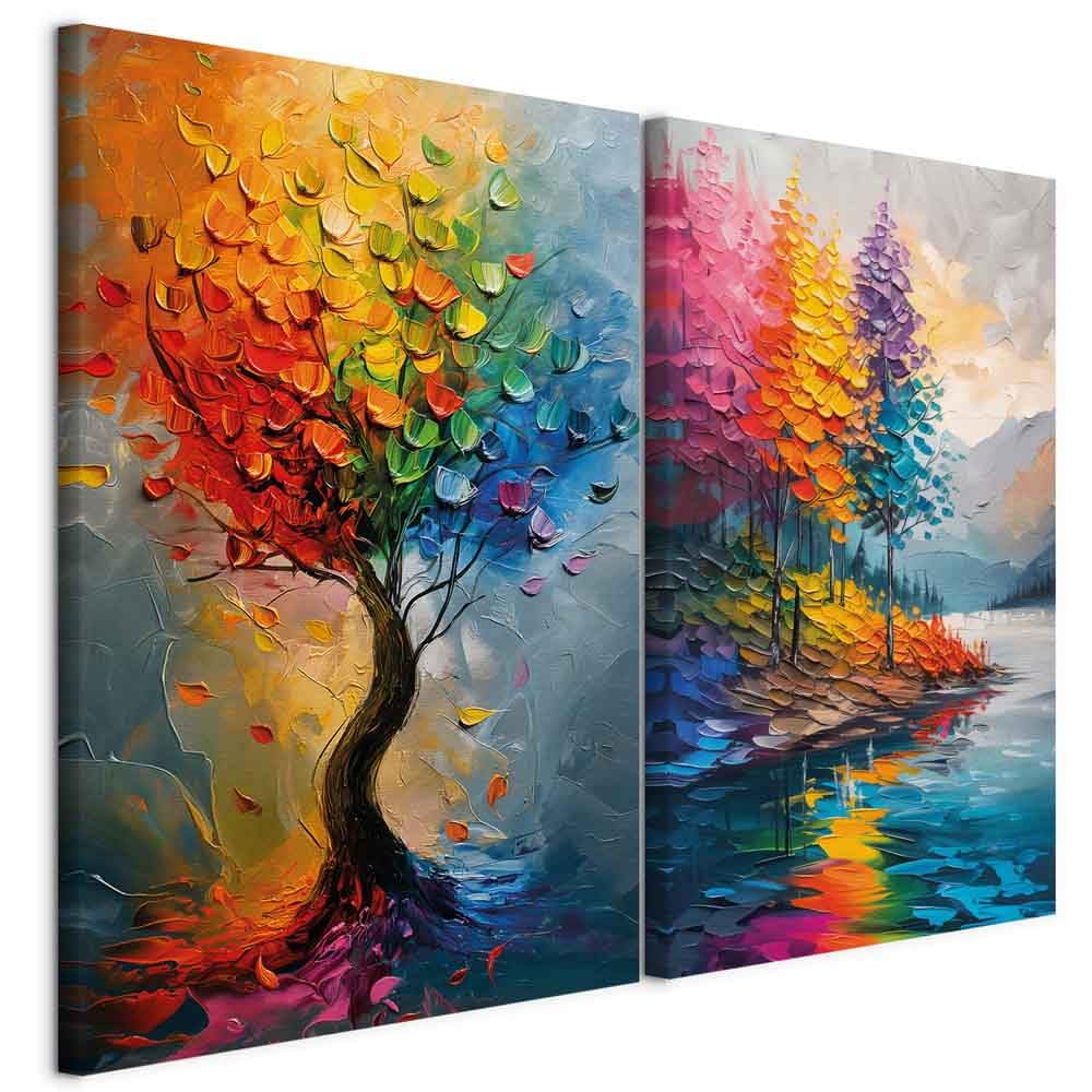 murando - Art Set of 2 Canvases Wall Art Colourful Blossom Artwork 120x90 cm (2 pcs. 60x90 cm each) Textured Canvas Hand-Painted Effect - 2 Piece - Large Print Room Decor - Acrylic Gel c-H-10080-b-a — image 1