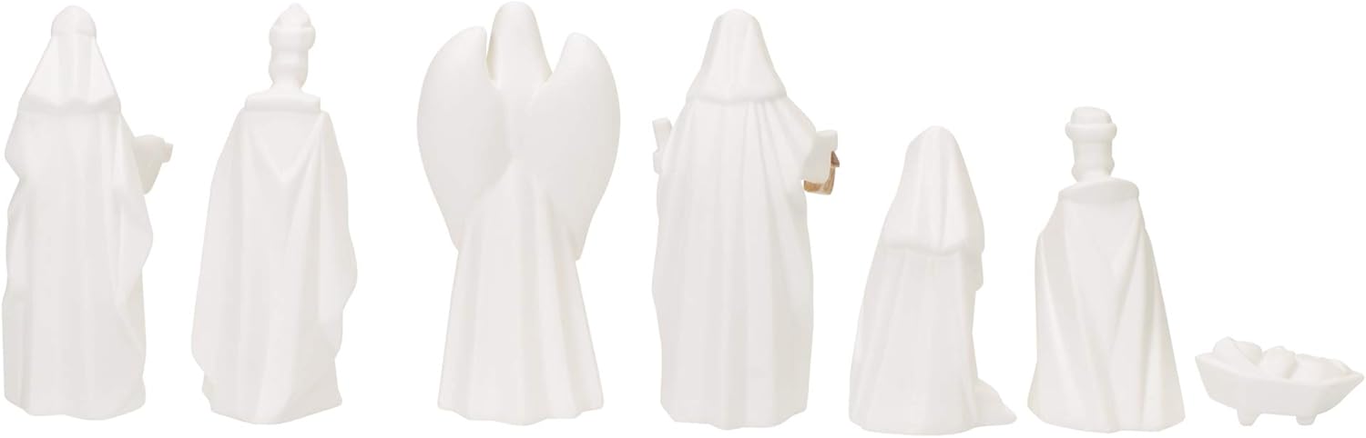 Mark Feldstein & Associates White Porcelain 7 PC Hand Painted Miniature Christmas Nativity Set, Boxed
