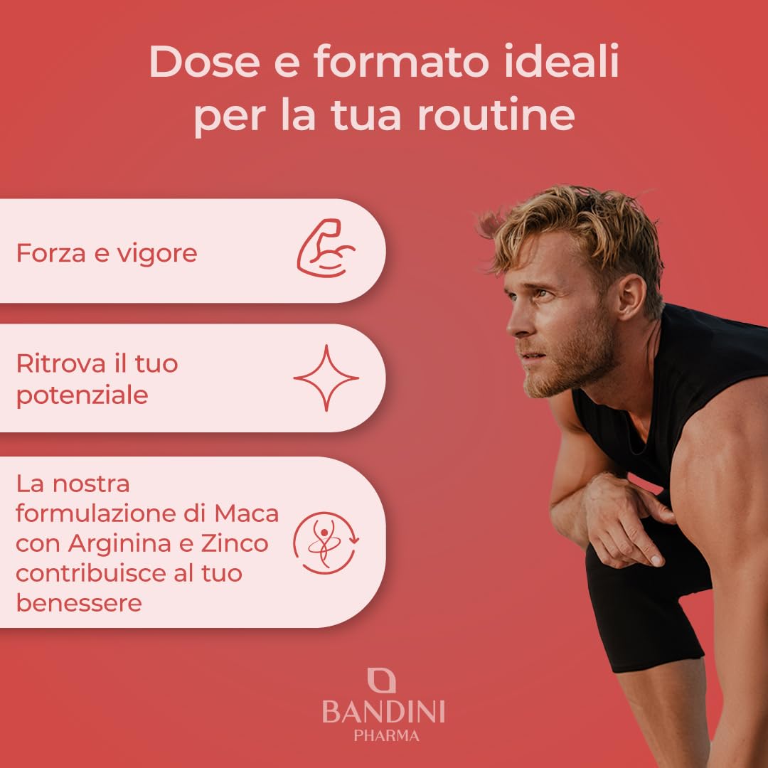 Bandini® MACA POWER 240 Capsule, Maca Peruviana 100% Vegan, Complesso ad Alto Dosaggio con Arginina Kyowa®, Tribulus, Vitamina C, Zinco, B6, B12 e Selenio, Stanchezza Fisica e Mentale, Energia, Sport