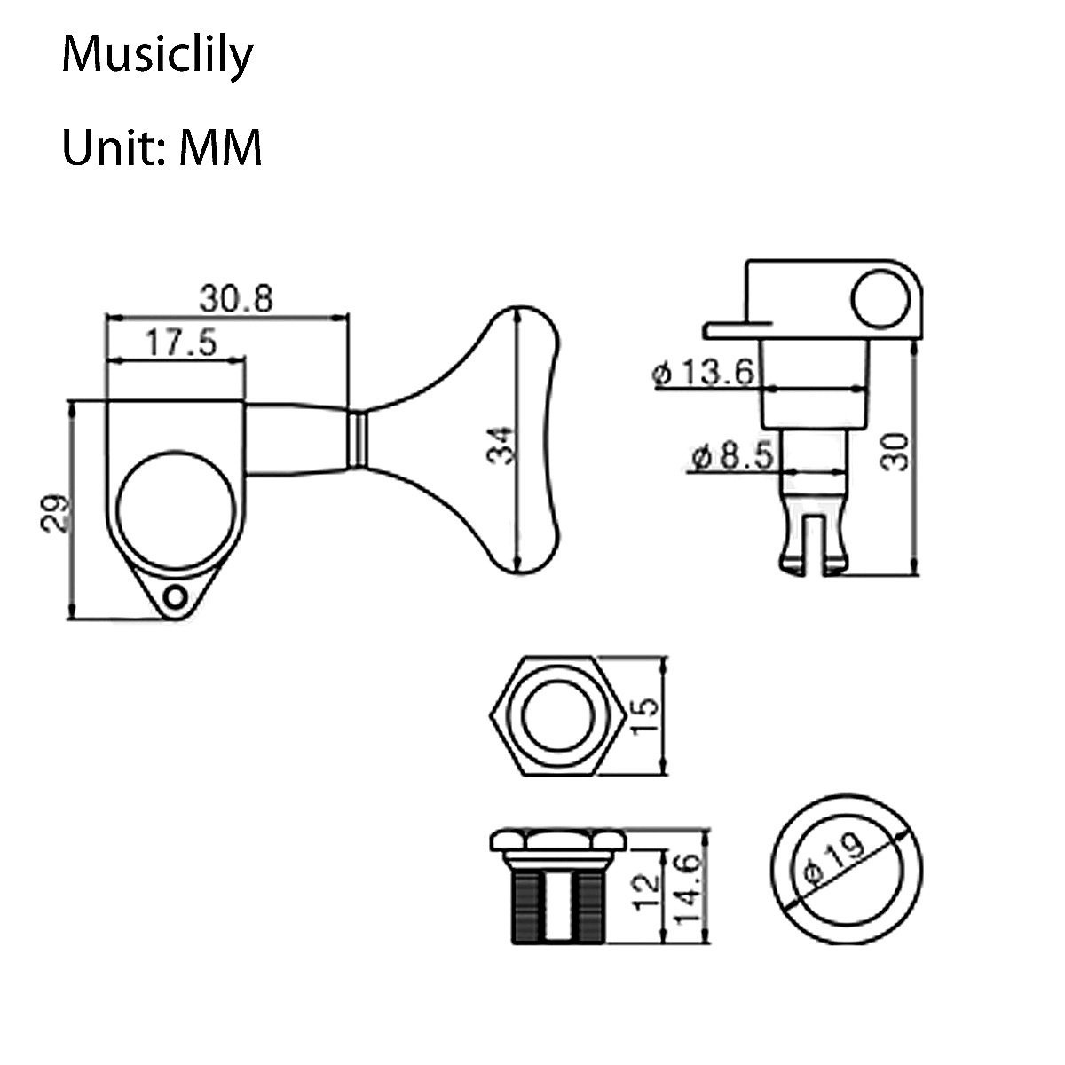 Musiclily Pro Mécaniques Basse Eco 2x2 Scellés pour Ibanez Style Basse Electrique, Noir(lot de 4)