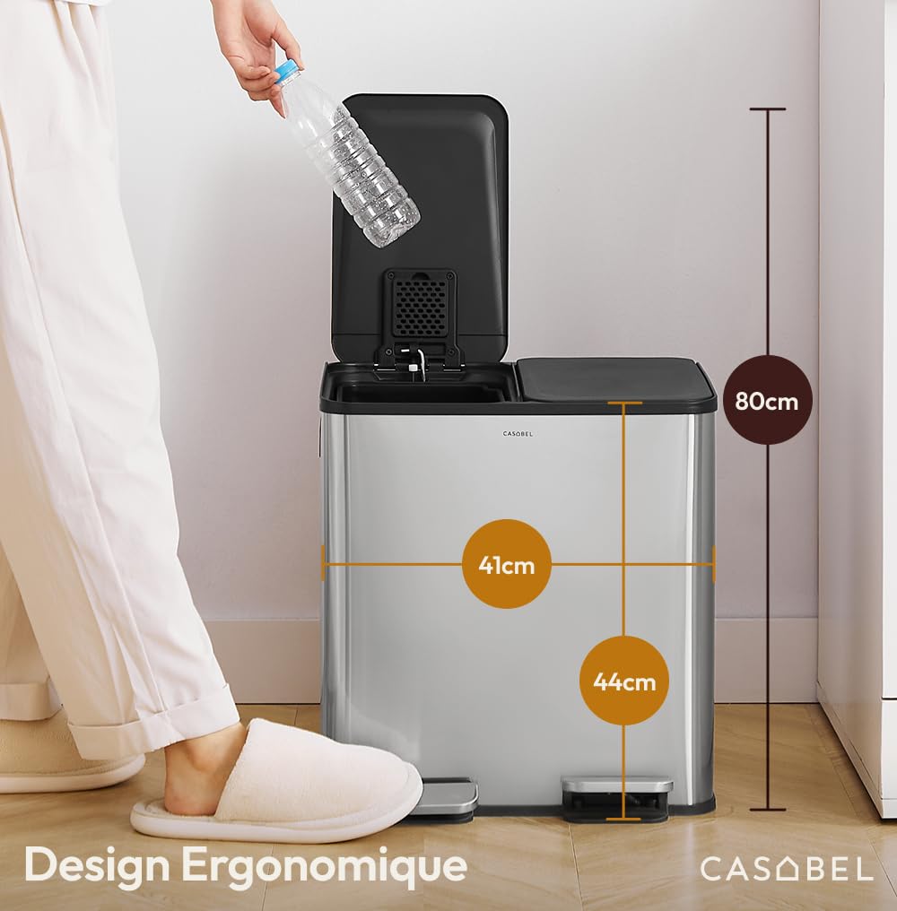 CASABEL Poubelle Cuisine Double 2x15L en Acier Inoxydable, Chrome | Double compartiment, Tri sélectif, 2 pédales, Anti-traces de doigts, Couvercles hermétiques, Bacs amovibles, Entretien facile