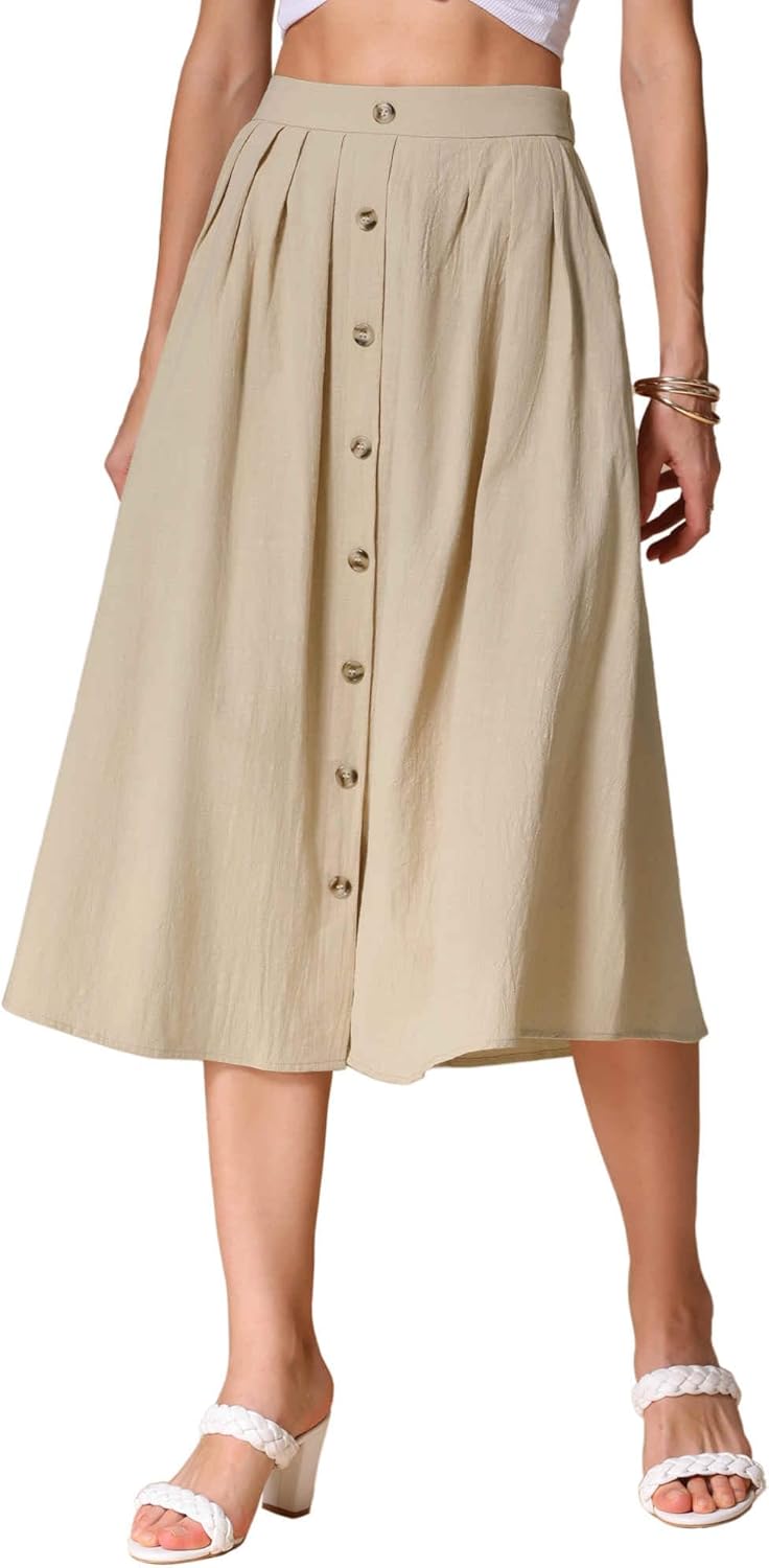 Allegra K Cotton Midi Skirt for Women's Summer Casual Button Decor Elastic Waist A-Line Skirts with Pocket