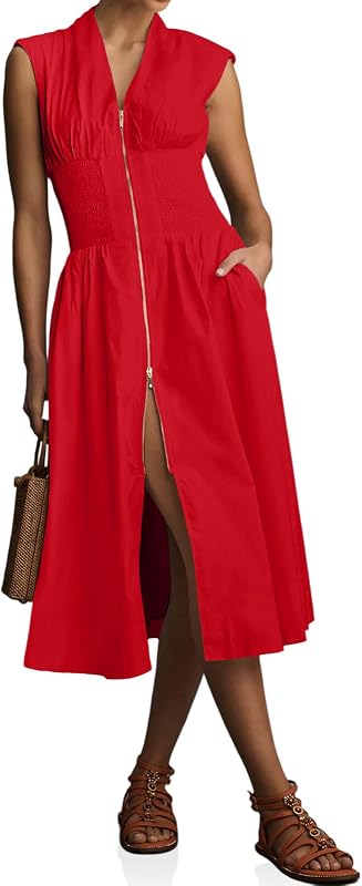Wenrine Womens Smocked Midi Dress Zipper V Neck Long Summer Dresses | Zip Front, Empire Waist, Cap Sleeve, Flowy, A Line, High Slit, Casual Midi Dress