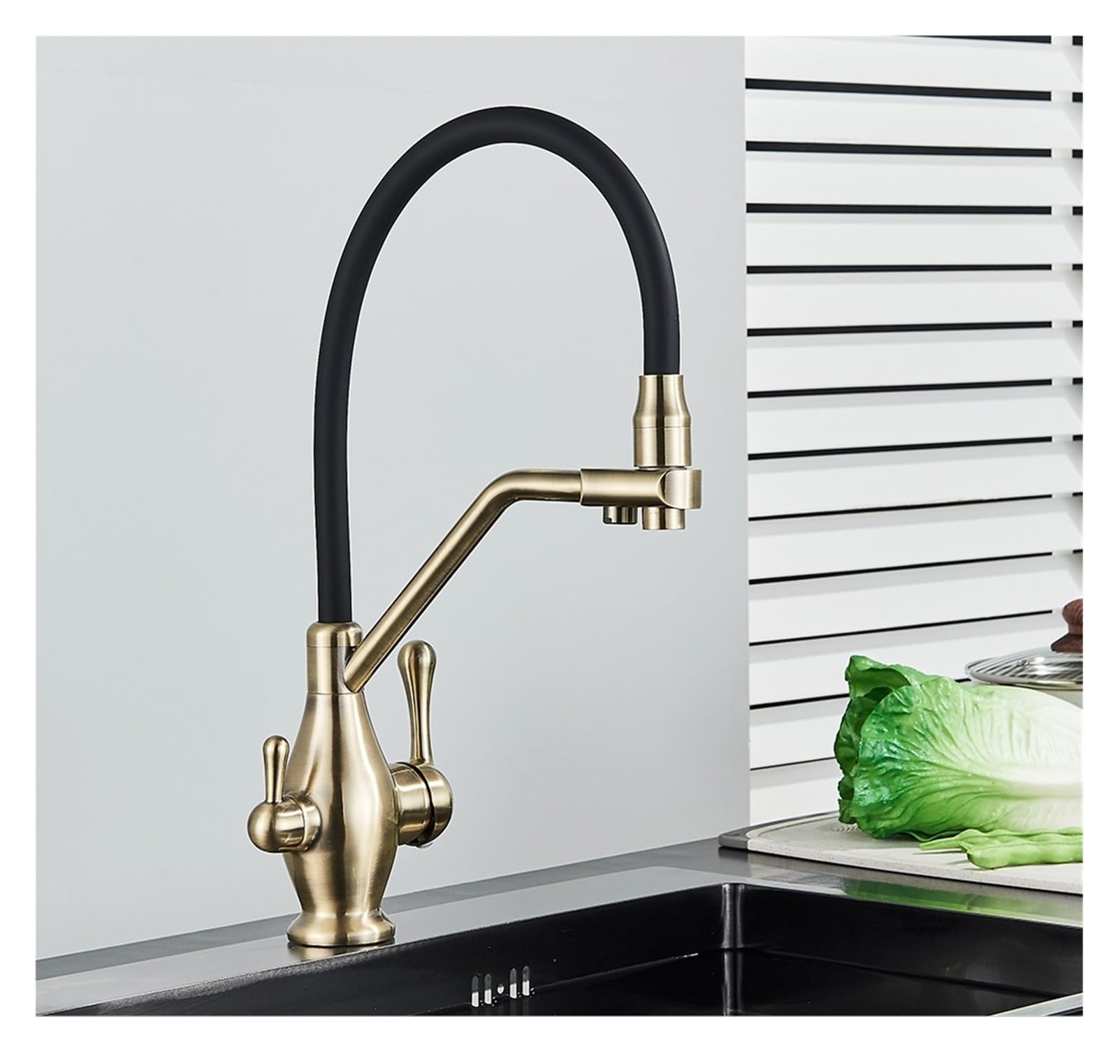 ZYCHSJXA Black Brass Filter Faucet Pure 360 Rotate Crane Handle Purification Kitchen Hot&Cold Drinking Water Mixer Tap(Brushed Nickel A)