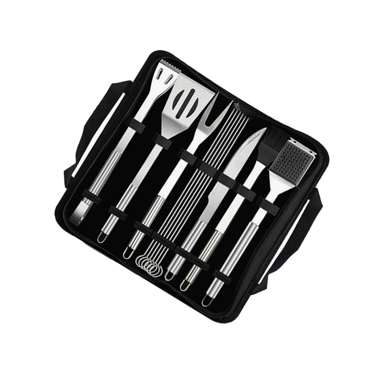 Kit de Herramientas para Barbacoa Utensilios de Parrilla 12 Piezas de Acero Inoxidable con Bolsa Negra Pala, Pinzas, Cuchillo, Tenedor, Brocha y Brochetas para Camping y