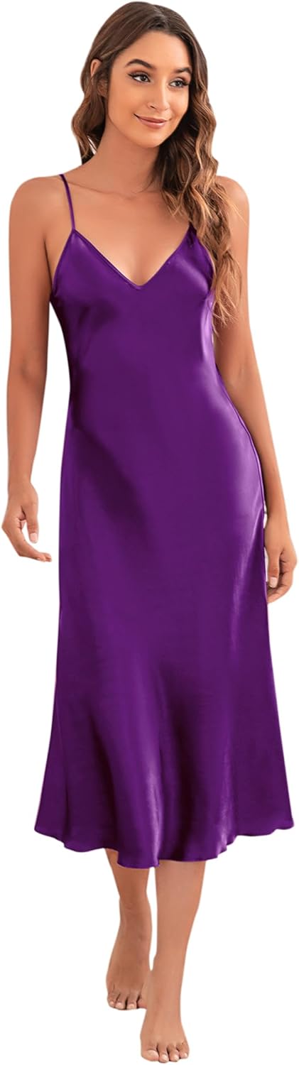 Litherday Silk Nightgown for Women Long Satin Slip Dress Nightdress Silky Chemise Nightie Soft V Neck Nightwear