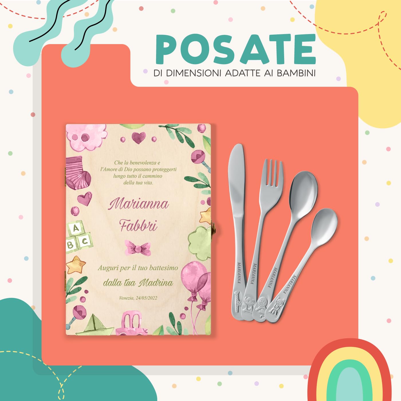 Maverton Set di 4 posate per bambini con incisione + scatola in legno con stampa personalizzata - motivo animali - idea regalo neonata femmina - decorazioni