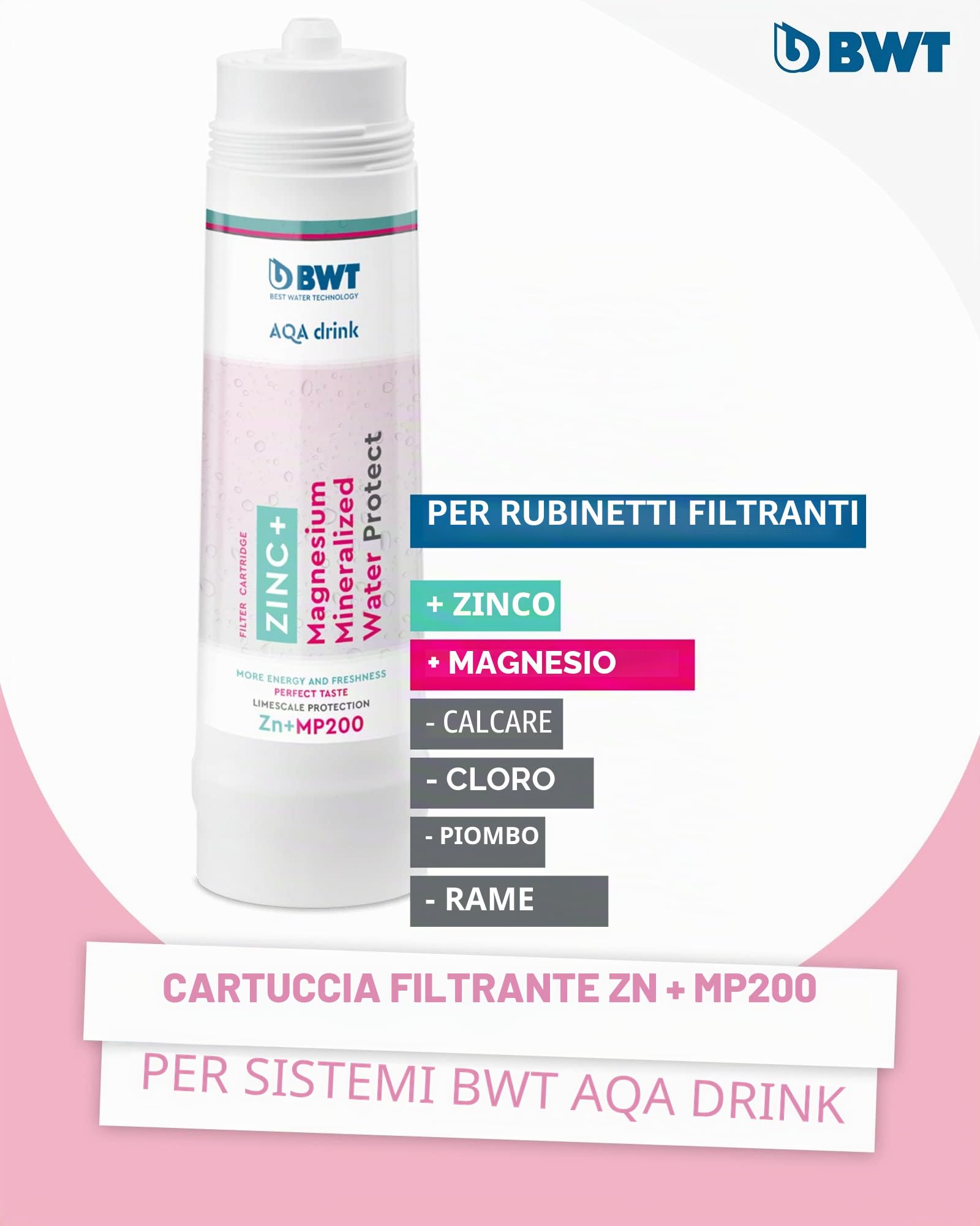BWT Cartuccia filtrante AQA drink ZINC + MP200 | Filtro acqua potabile | riduce le sostanze nocive nell'acqua del rubinetto | con zinco + magnesio per l'acqua potabile | Filtra calce, cloro, piombo
