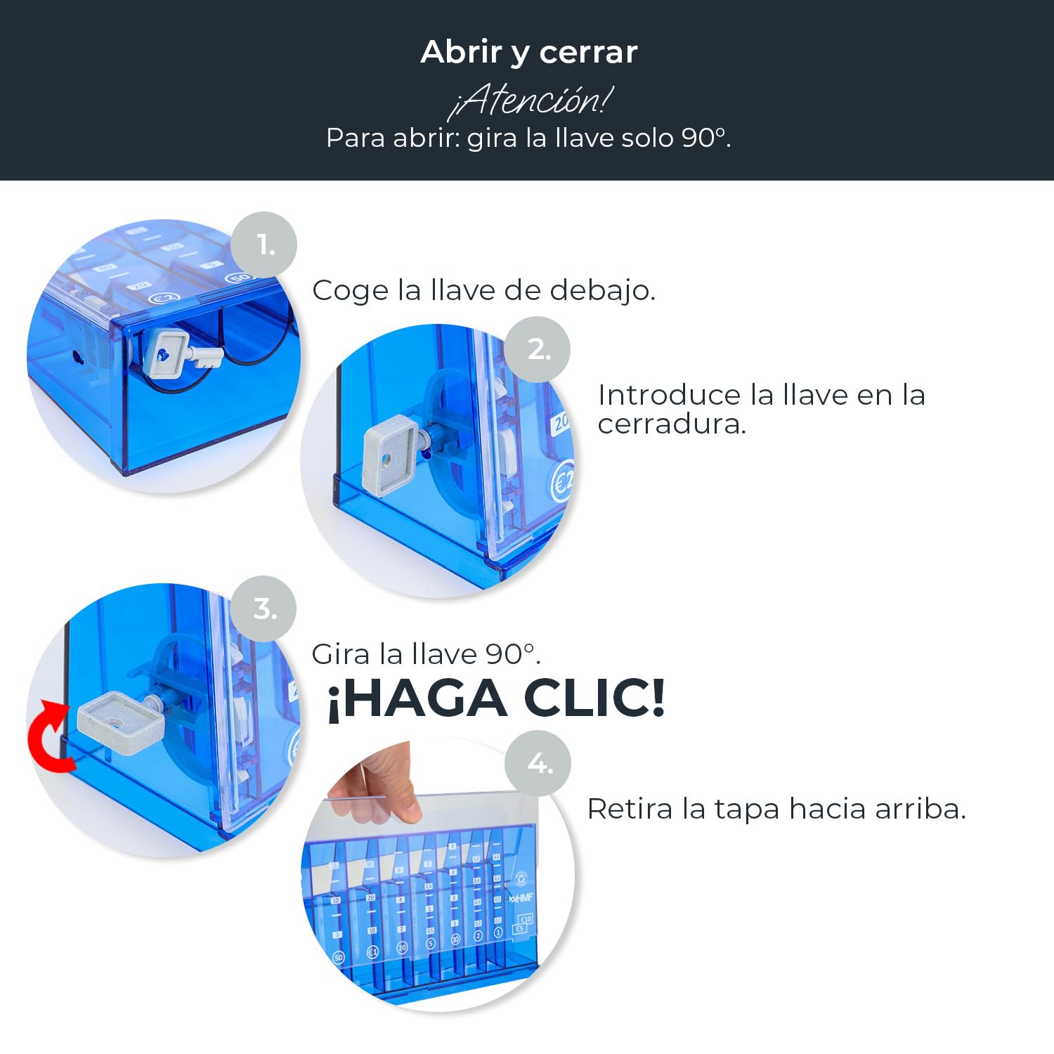 HMF Contador de Monedas con clasificación automática para Guardar Monedas, clasificador de Monedas Transparente con Escala de Valor como Hucha para niños | 24 x 12 x 5 cm | Azul