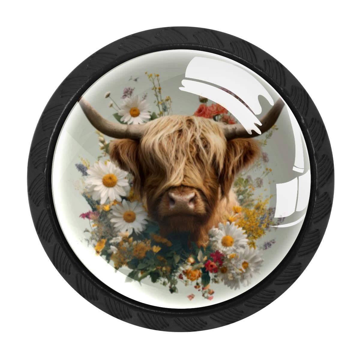 HEOEH 4 PCS Cabinet Knobs, Highland Cow Daisy Drawer Knobs Dresser Handles