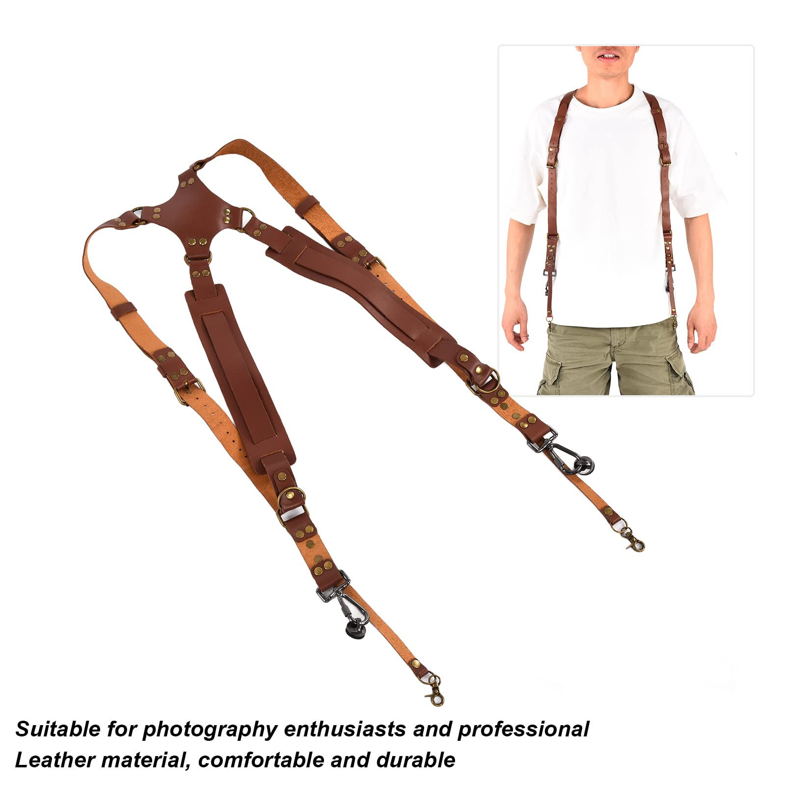 Imbracatura in pelle a doppia tracolla per fotocamera, cinghia per fotocamera multifunzionale regolabile per reflex, design ergonomico a doppia cinghia con attacco a vite da 1/4"