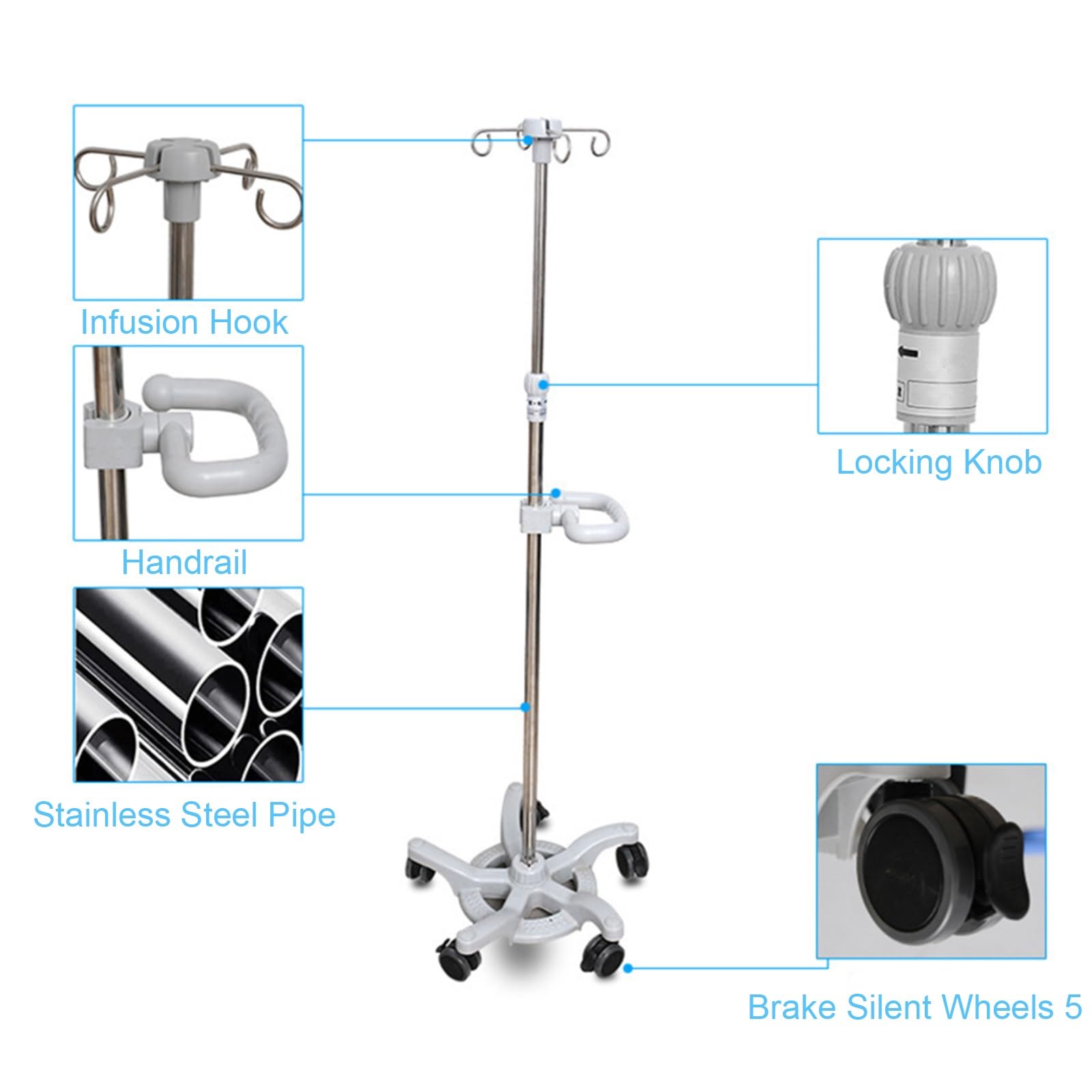 Poste intravenoso con Ruedas, Soporte portátil para suero, Soporte para Bolsa de suero extraíble, Poste intravenoso Superior extraíble para el hogar, el Hospital y la clínica