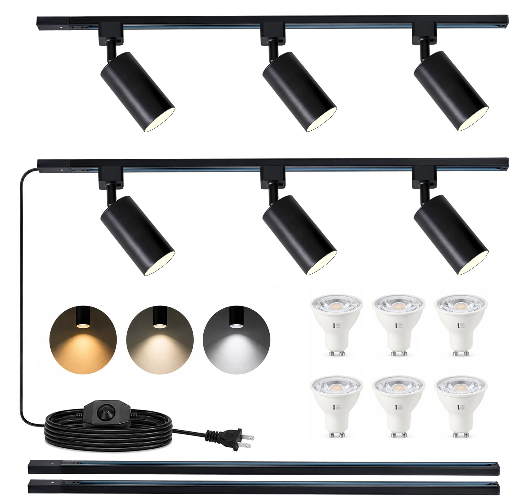3-Color Plug in Track Lighting Dimmable with Power Cord, 6-Light Track Lighting Kit with 6.6FT H Type Track Lighting Rails, Modern Kitchen LED Track Lighting Fixtures Ceiling Spot Light, Black