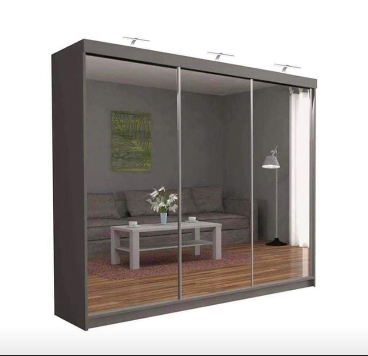 A.C. Milan Modern Double Mirror sliding door wardrobe with LED Light (Grey, 250 cm)