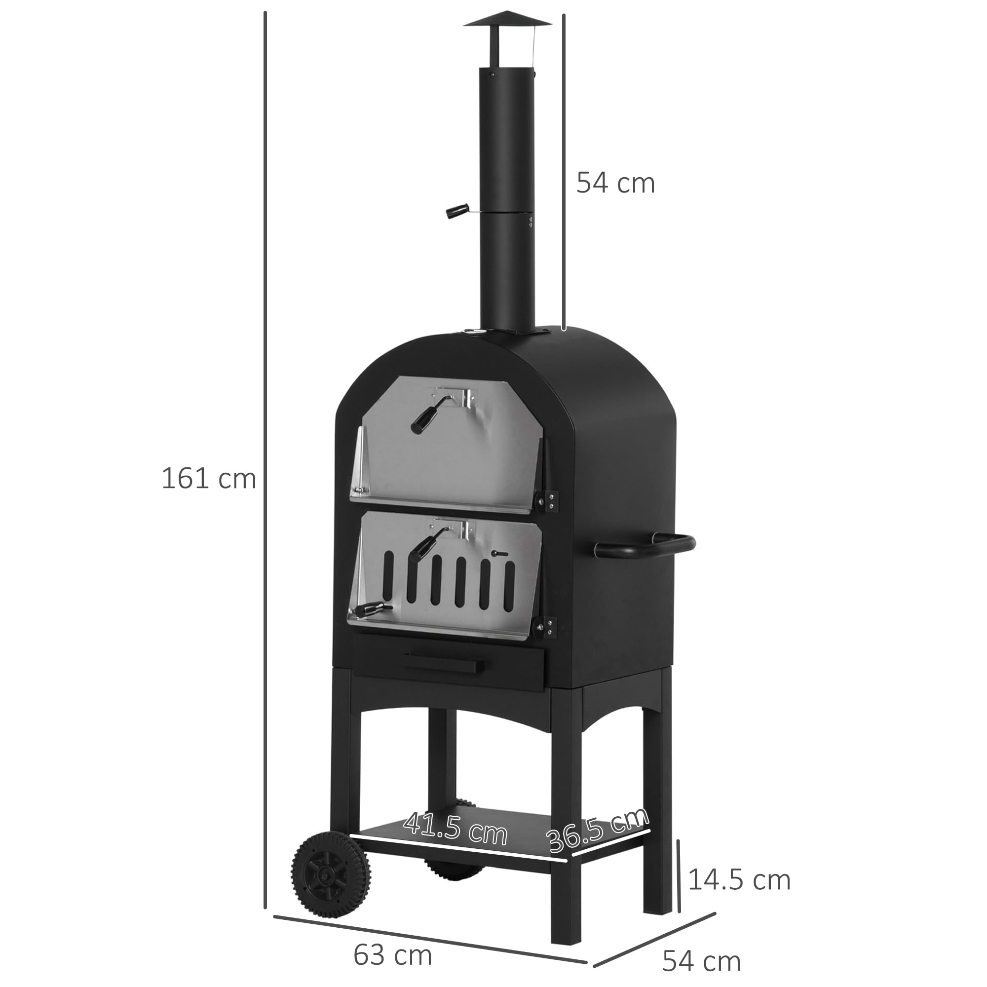 Outsunny Forno per Pizza e Barbecue a Carbone Portatile, Forno a Legna per Esterno con Ruote in Acciaio con Camino e Ripiano Inferiore, 63x54x161 cm, Nero