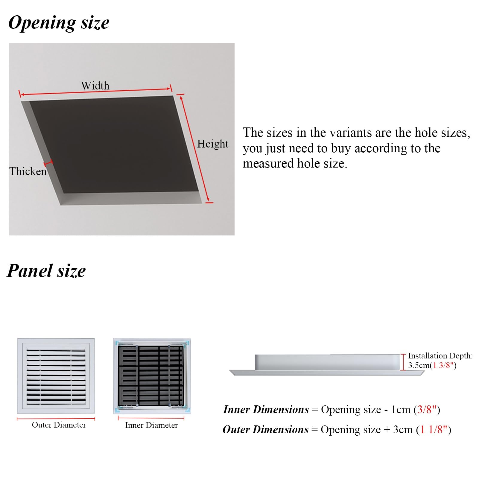 Panel de acceso ventilado con rejilla protectora ignífuga, puerta de acceso al ático, puerta de acceso al espacio de arrastre (40 x 40 cm) y seguro.