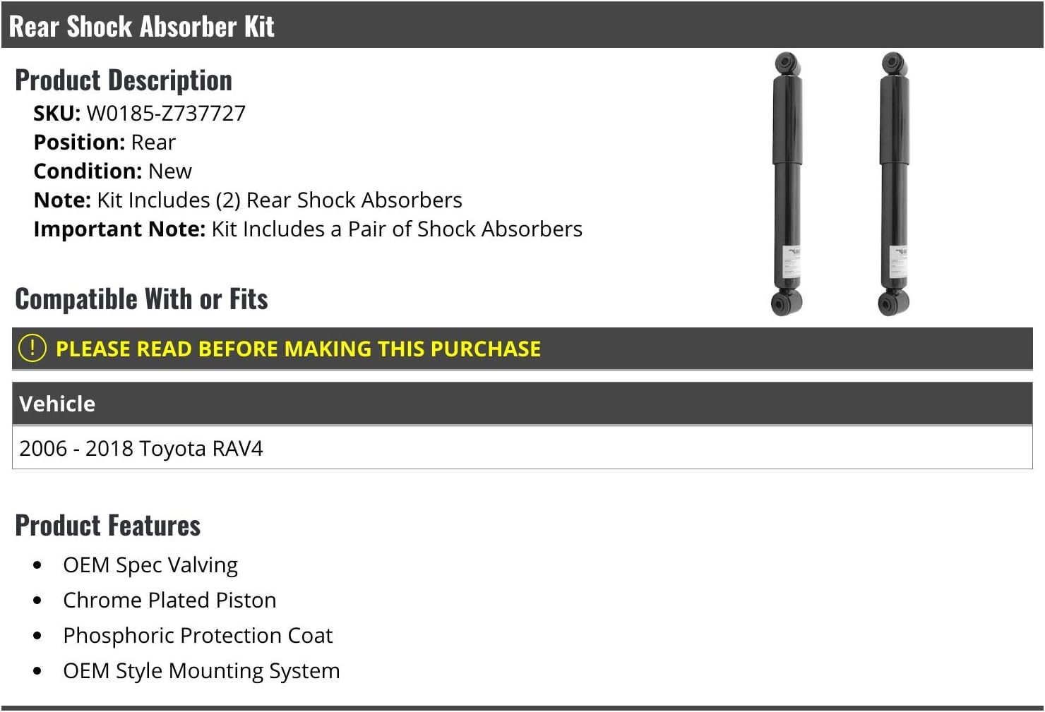 Rear Shock Absorber - Set of 2 - Compatible with 2006-2018 Toyota RAV4