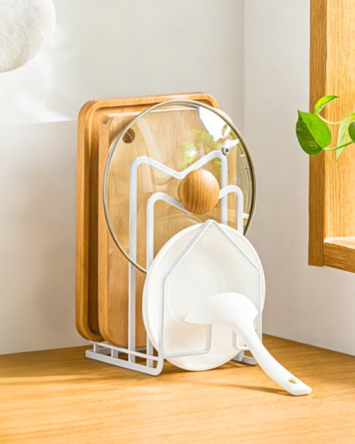 LINFIDITE Chopping Board Holder Rack Cutting Board Organiser Pot Lid Holder Stand Kitchen Countertop Organiser Cookware Storage Freestanding Stand for Pans Lids,Chopping Boards,White