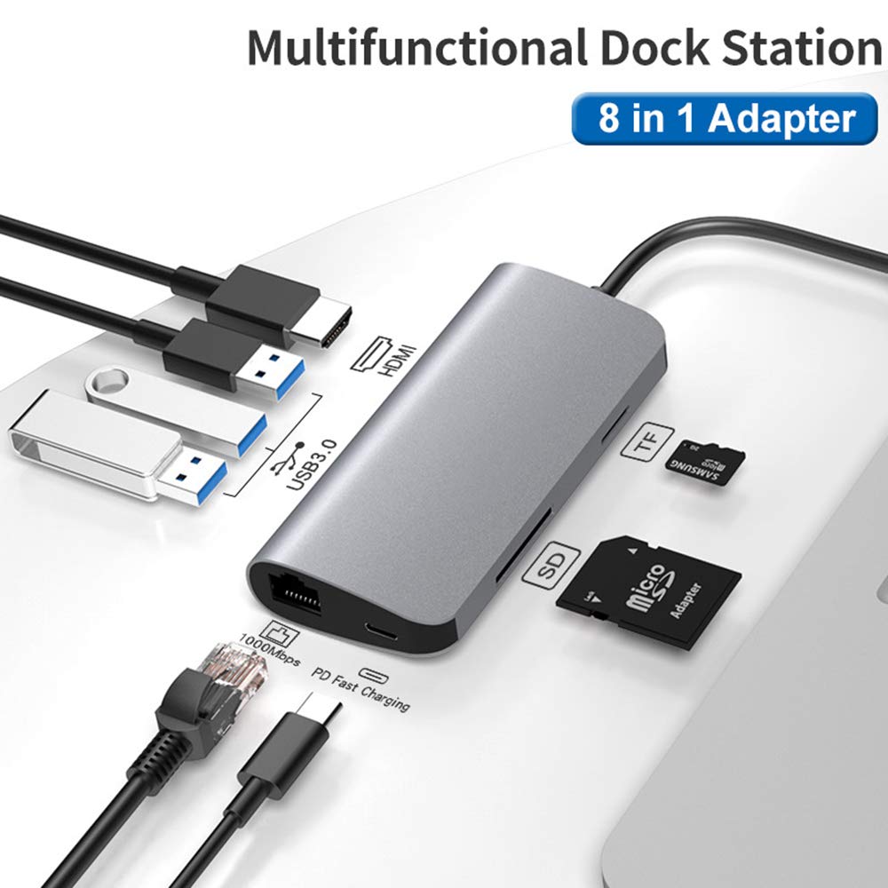 Hub USB C, adapter 8 w 1, z USB-C PD 3.0/HDMI/Ethernet/SD/TF czytnik kart / 3 USB 3.0, odpowiedni do Huawei Matebook iPad i innych