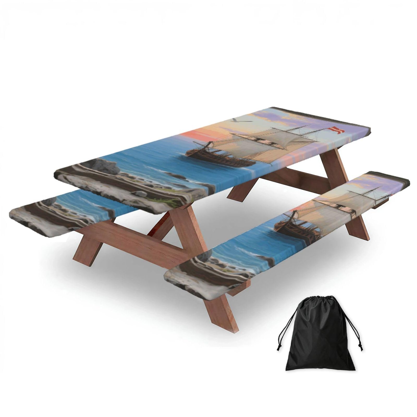 FekiLoot Window View of Sailing Sailboat Picnic Table Cover with Bench Covers and Bag, Windproof Waterproof Rectangle Tablecloth with Elastic Edges Fitted Camping Table Covers for Picnic Party Travel