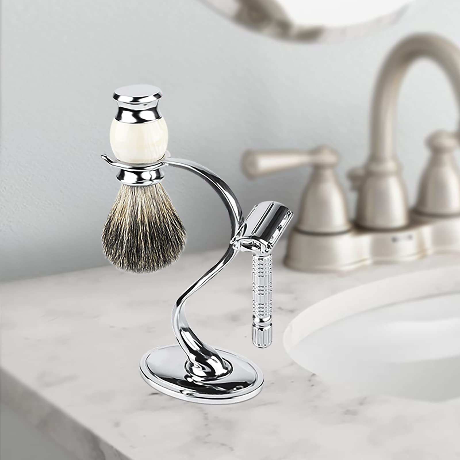 Linkidea Supporto per Rasoio, Porta Pennello da Barba in Lega di Zinco con Base Antiscivolo, Kit Rasoio di Sicurezza per Doccia e Bagno, Compatibile con Vikings Blade the Chieftain (Cromato)