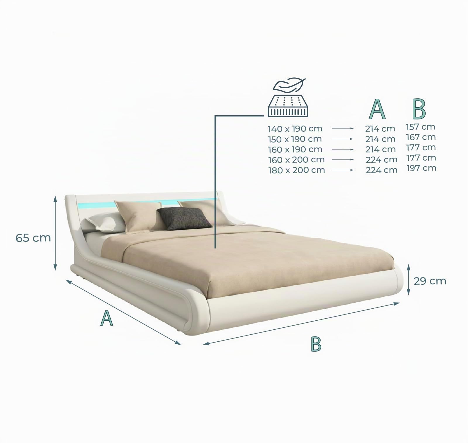 MB Muebles Bonitos | Cama de Matrimonio Parisina para Colchón de 150x190 cm | Luz LED | Canapé Abatible | Somier de Láminas | Estructura de Madera tapizada en Polipiel | Color Blanco