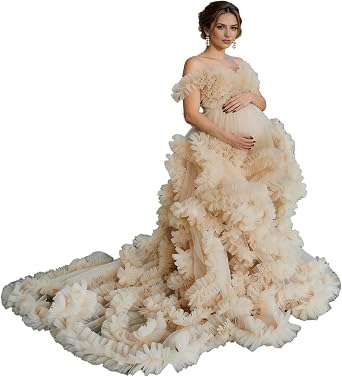 Ruffle Tulle Maternity Gown Off Shoulder Long Train Photoshoot Dress For Pregnant Women