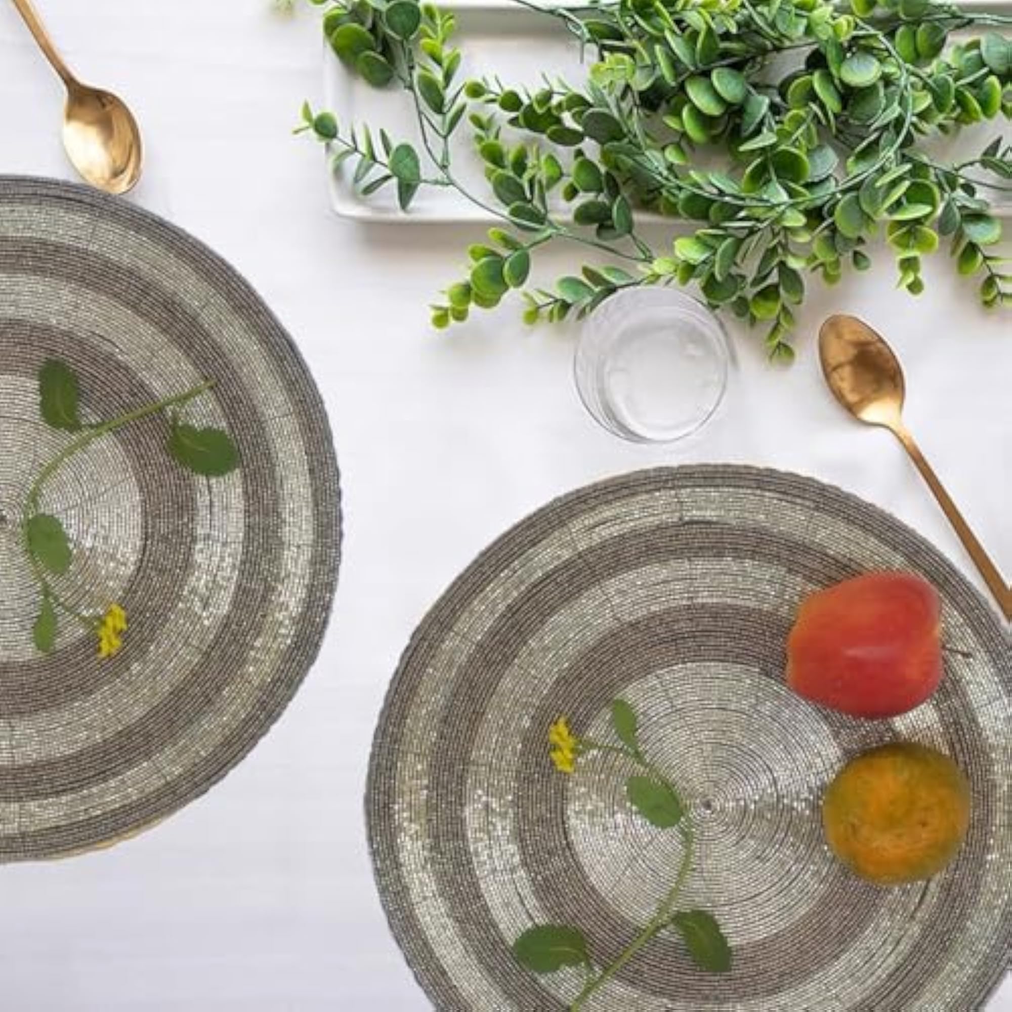 Decorative Handmade Beaded Round Placemat, Silver/Grey