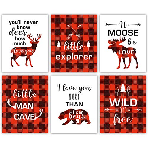 Forest Animals Buffalo Plaid Wall Art ,Red and Black Woodland Art Print,Set Of 6 (8X10,Unframed) Inspirational Quote Canvas Poster ,Moose Deer decor For Boy Bedroom,Playroom