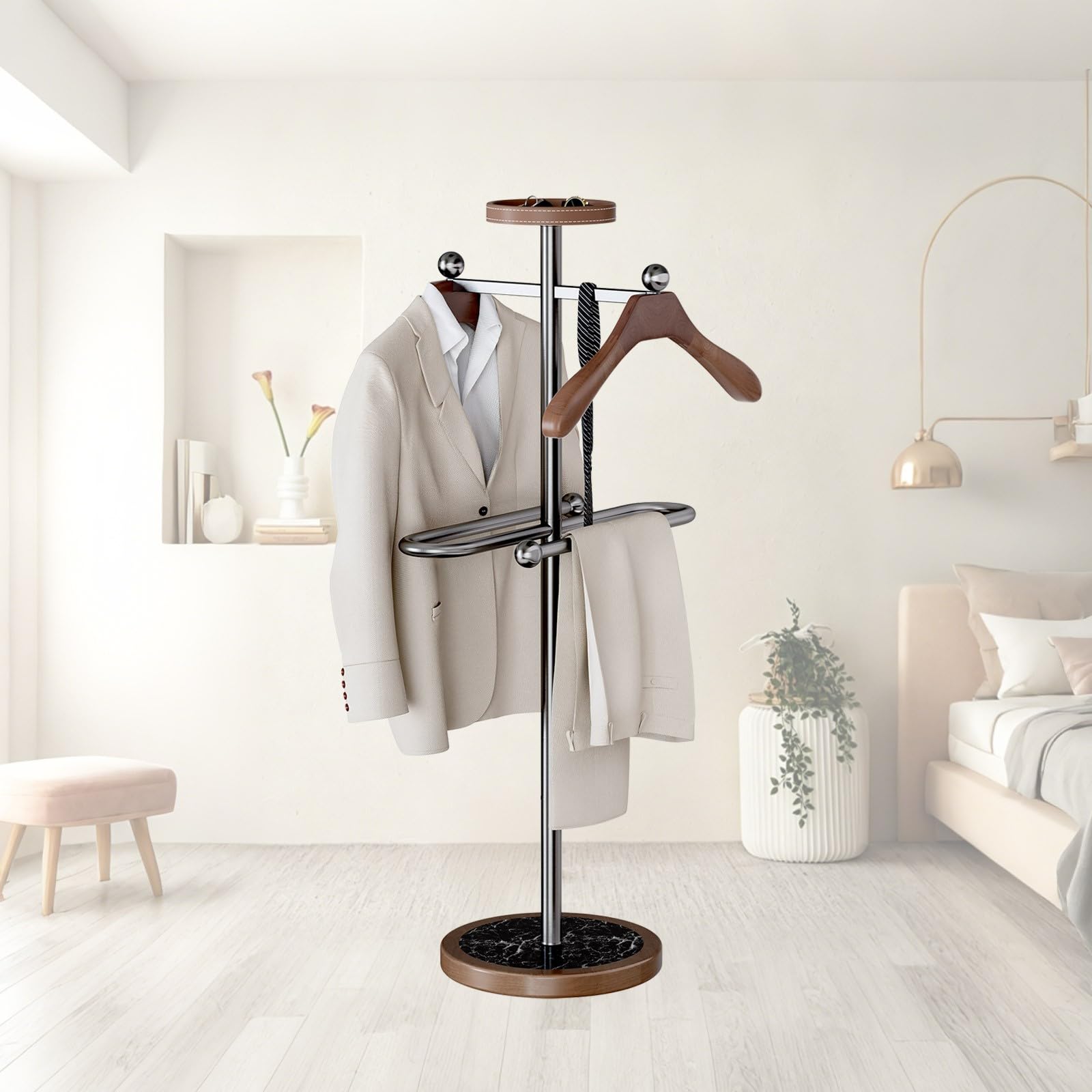 ACLFF Freestanding Suit Valet Stand with Marble Base, Clothing Organizer with 2 Wooden Hangers, Stainless Steel Frame, Easy to Assemble, Sturdy and durable for Bedroom, Entryway, Office