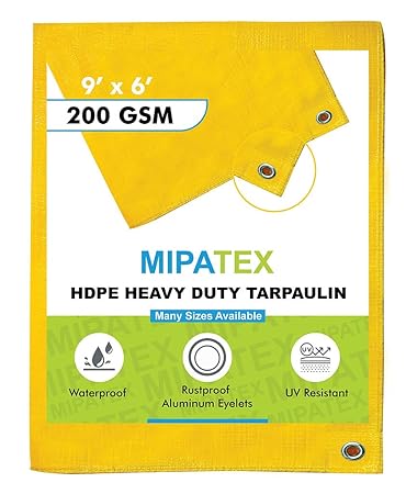 Mipatex Tarpaulin Sheet Waterproof Heavy Duty 9ft x 6ft, Poly Tarp with Aluminium Eyelets Every 3 feet - Multipurpose 200 GSM Plastic Cover for Truck, Home Roof, Rain, Outdoor or Sun (Yellow)
