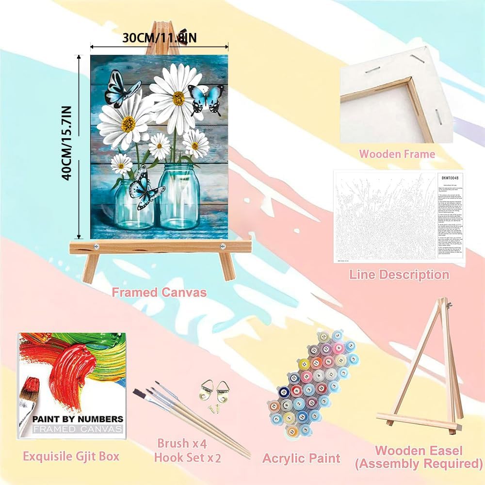 WEMEON Paint by Numbers Kit for Adults with Frame, Flower Paint by Number Canvas, Flower Paint by Numbers with Easel, DIY Paint by Number Kits for Home Wall Decor (12X16 Inch)