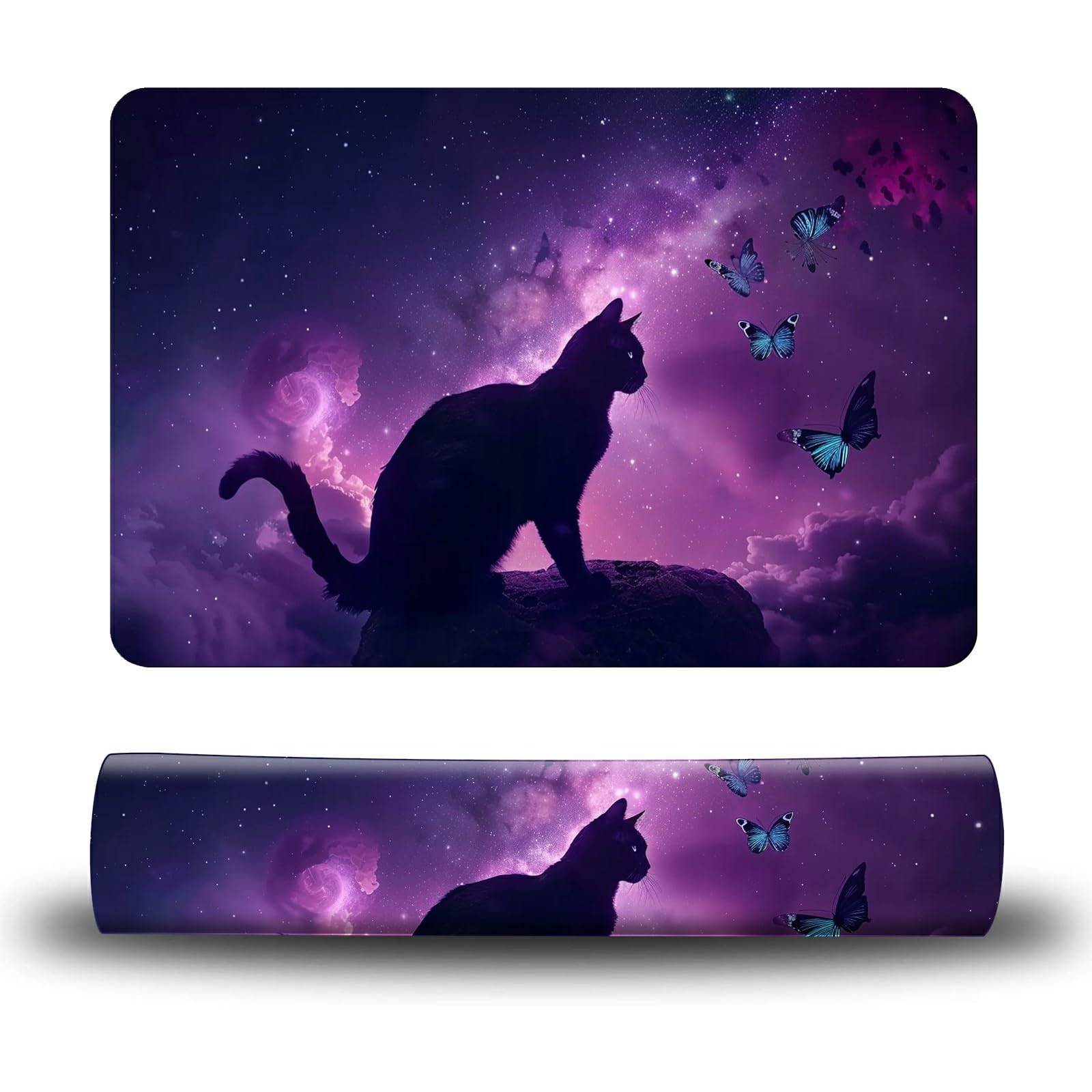 Dikoer Dog Food Mat, 15.7" x 23.6" Absorbent Pet Feeding Mat for Food and Water, Waterproof Diatom Mud Pet Placemat with Non-Slip Rubber Backing, Cat Bowl Mat for Floors - Purple Cat Butterfly