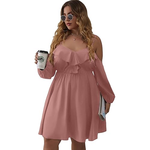 WDIRARA Women's Plus Size Cold Shoulder Ruffle Trim Bishop Sleeve A Line Dress