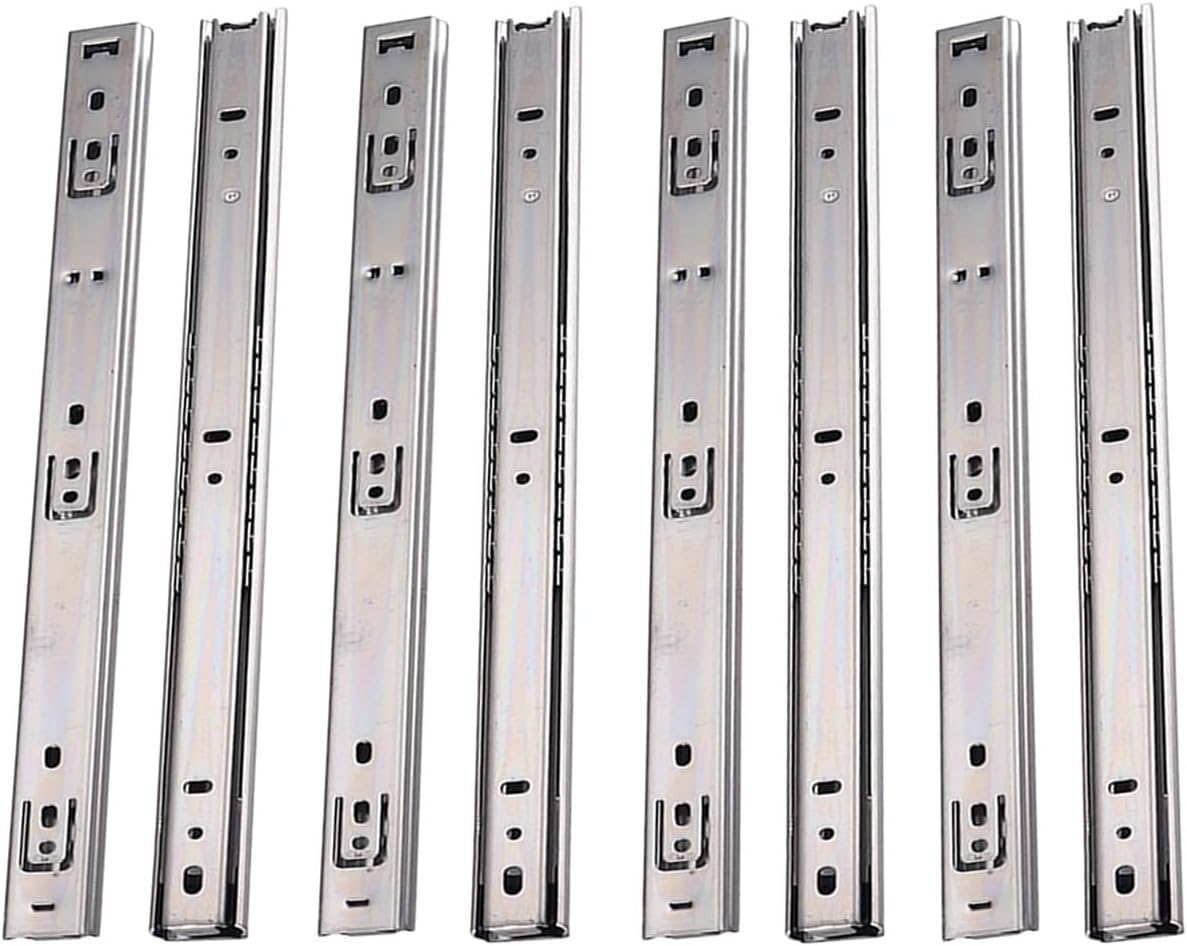 Guías telescópicas para cajones, rieles guía de extensión completa, guías de rodamiento de bolas plateadas resistentes para soluciones de almacenamiento suave, 4 pares (8 piezas), 27 mm x 450 mm