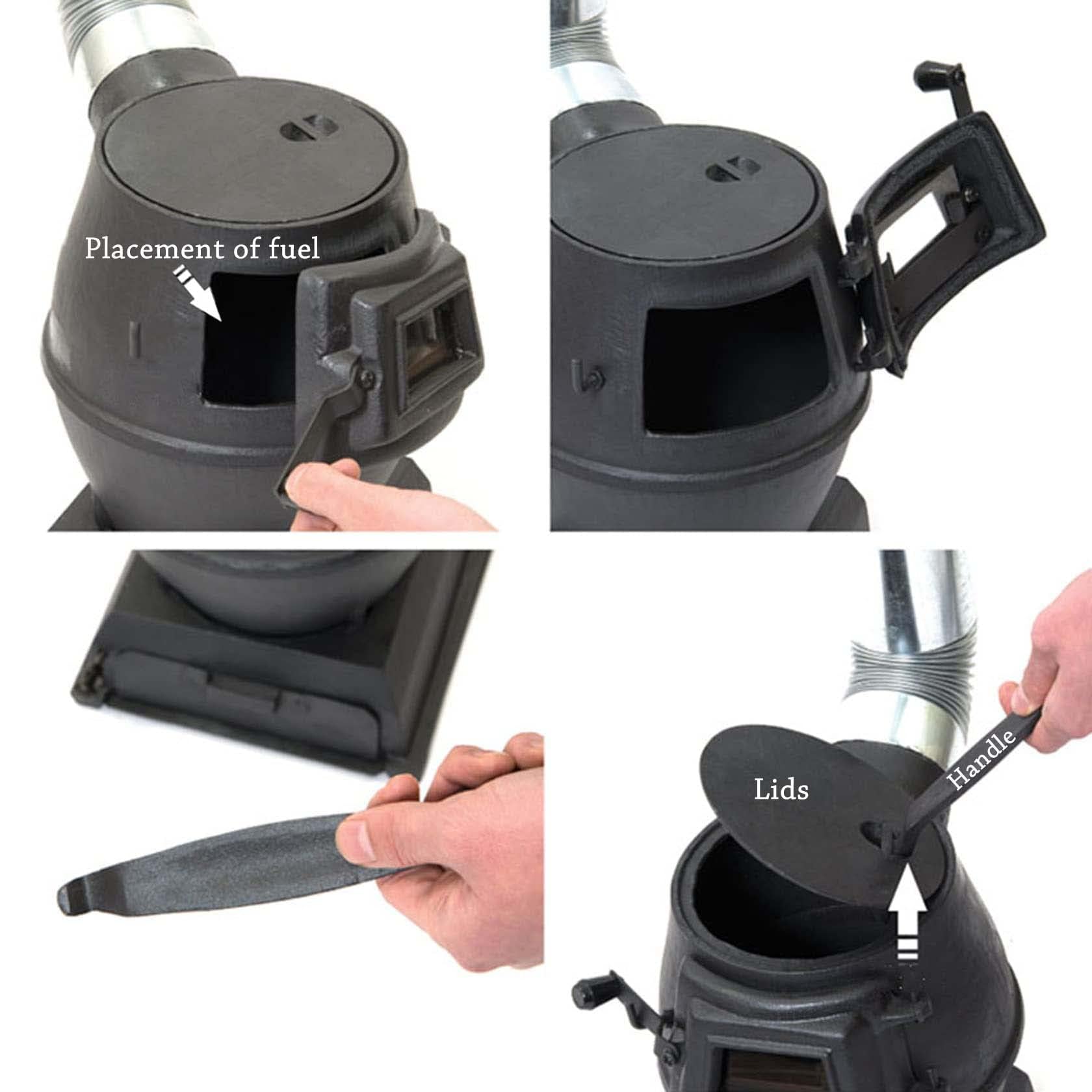 Réchaud multi-combustible portable – Chauffage et cuisinière de camping pour l'extérieur et l'intérieur – Construction en fonte durable