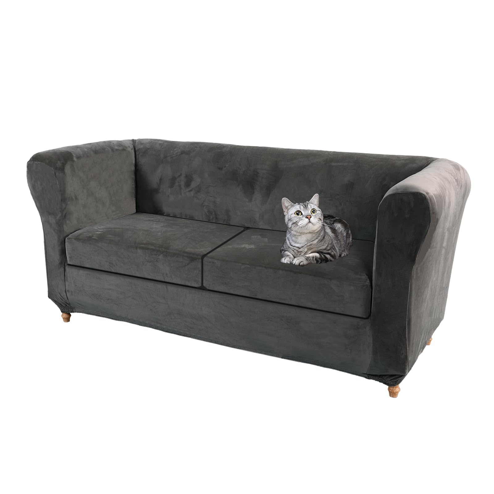 SYLC Velvet Stretch Chesterfield Sofa Cover Couch Cover with Seat Cushion Cover Furniture Protector for Curved Settee Fitted Vintage (Grey,Sofa+2 Large Seats) โ image 1